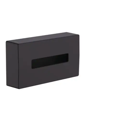 Kosmetiktuchbox von Hansgrohe in mattschwarzer Ausführung. Rechteckiges Design mit einem schmalen Schlitz auf der Vorderseite zur einfachen Entnahme von Taschentüchern.